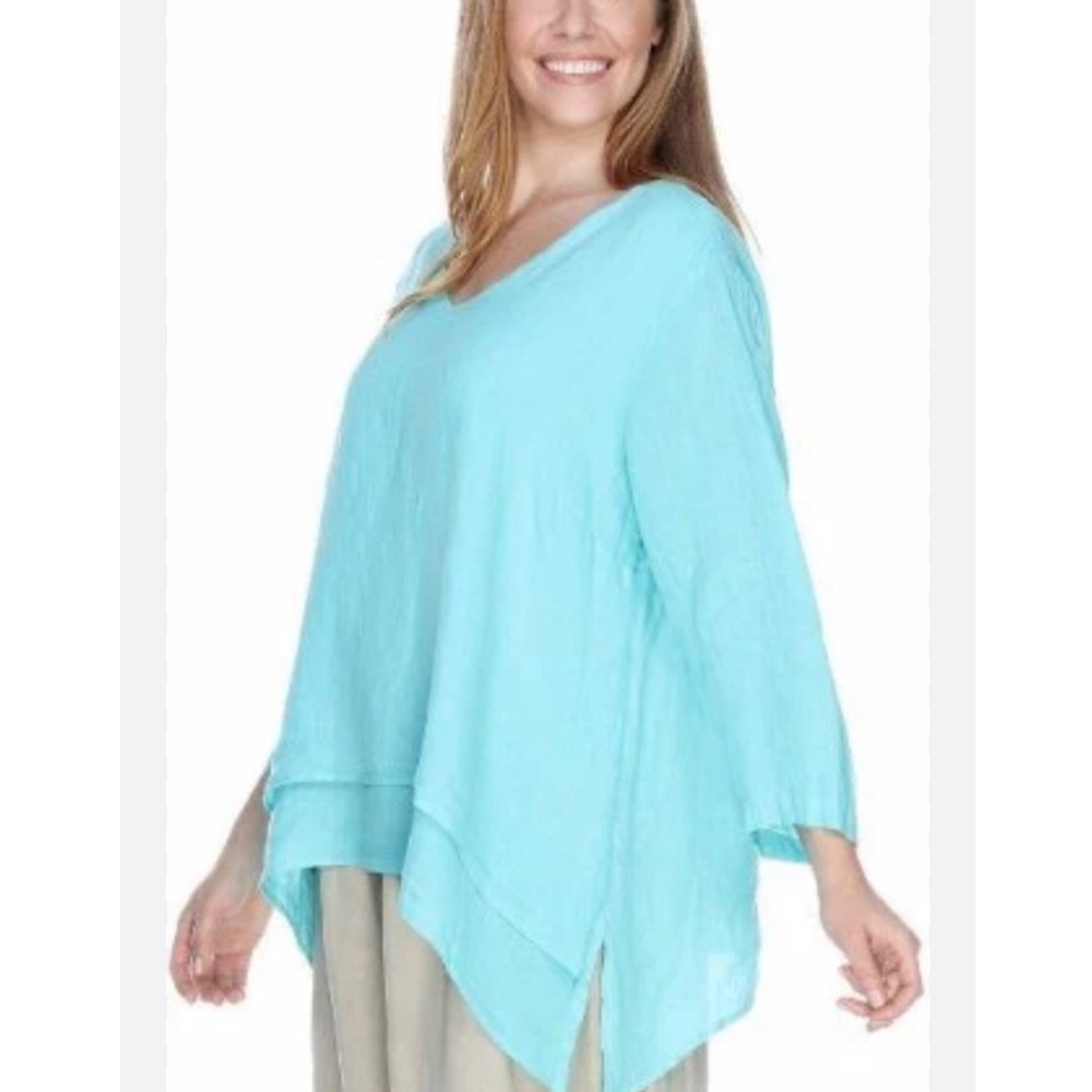 La Fixsun Linen V Neck Double Layer Lagenlook 100% linen Top Aqua Blue  Size M